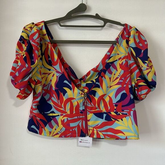 NEW Twist Knot Multicolor Leaf Print Sweethear Neckline Puff SleeveCrop Top Sz L - Picture 8 of 11